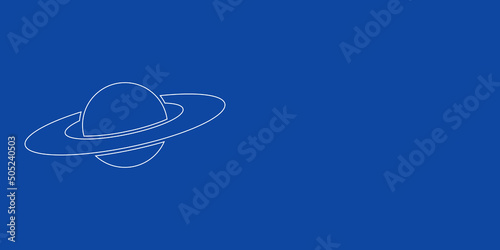 A large white outline saturn symbol on the left. Designed as thin white lines. Vector illustration on blue background