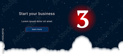 Business startup concept Landing page screen. The number three symbol on the right is highlighted in bright red. Vector illustration on dark blue background with stars and curly clouds from below