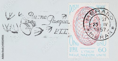 stamp vintage slogan werbung italien italy italia merano briefmarke alt old gestempelt frankiert cancel glocke schwalbe bell swallow 1957 globe weltkugel frohe ostern buona Pasqua