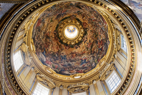 View into frescoed cupola representing the Apotheosis of Saint Agnes  and pendentives. Saint Agnese In Agone Church Basilica Dome  Rome  Italy 