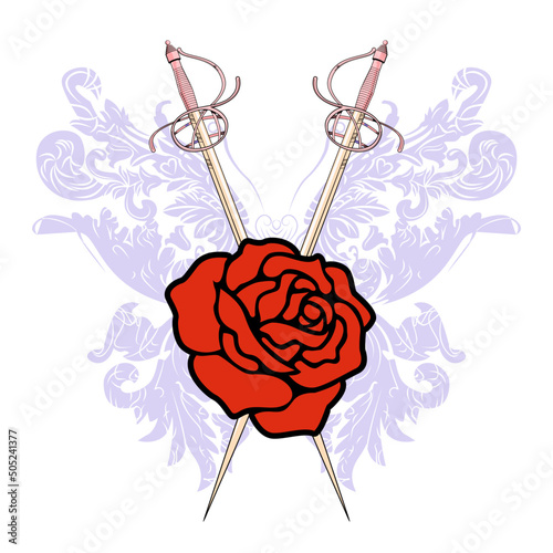 T-shirt design of two crossed swords and a red flower isolated on white. Vector illustration on cavalry themes.