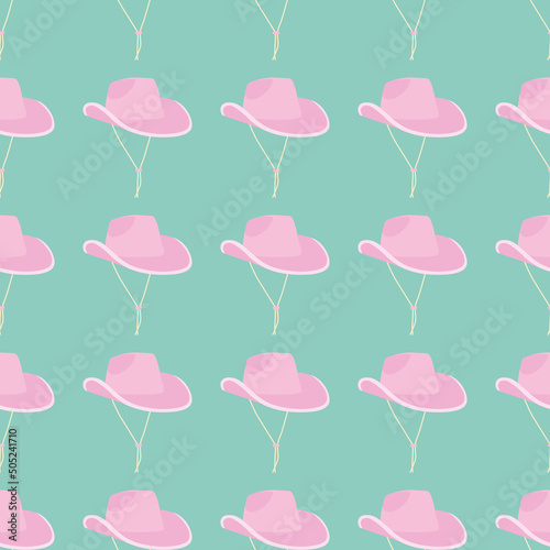 Seamless pattern of сartoon сowgirl pink hat with strings on menthol background . Party hat. Wild West fashion style. Cowboy western, wild west concept. Hand drawn colored flat vector illustration.