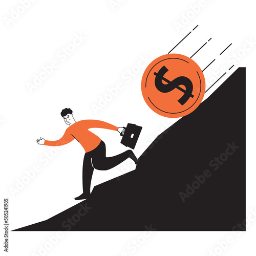 Money loss.Trader losing profits. Economic financial crisis and business failure.Bankruptcy and falling incomes.Downward currency money crisis.Dalling coin dollar.Currency depreciation dollar.