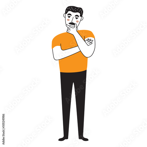 Pensive man thinking with hand on chin.Character have a question.Vector illustration in cartoon style.Pensive or thinking young guy.Isolated on white background.