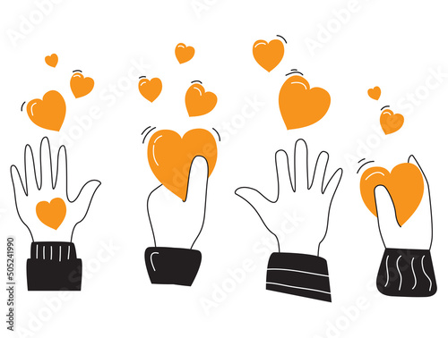Hands holding a heart.Give love.Hand drawn hands up.Hands doodle style.Voluntary and donation.Social help. Outline vector illustration. Isolated on white background.