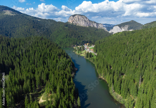 Landscape with Red Lake in Romania seen from above