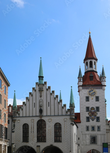 new town hall of Munich with the clock tower without people in the main square of the German city