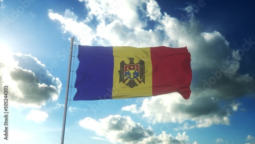 Flag of Moldova waving at wind against beautiful blue sky. 3d rendering