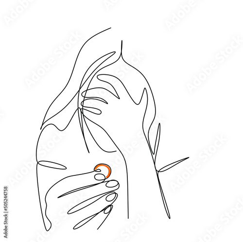 a continuous silhouette drawing of a woman covers her face with one hand and holds a ring with the other hand. The concept of psychology of divorce