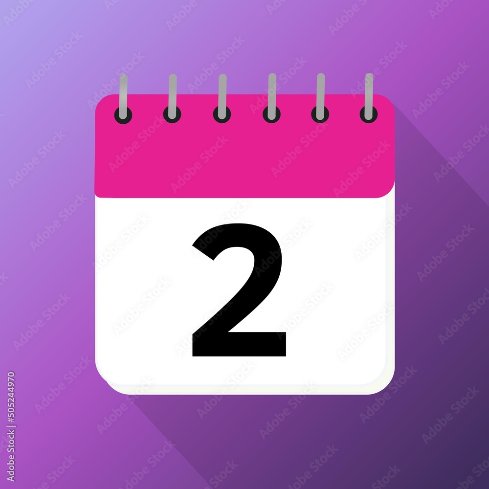 Day two 2 january february march april may june july august september october november pink calendar with purple background with 3d shadow Day two 2 january february march april may june july august september october november pink calendar with purple background with 3d shadow