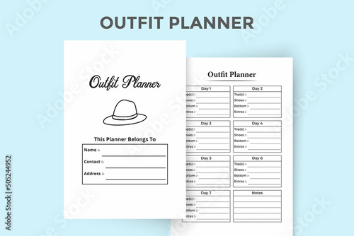 Outfit planner KDP interior journal. Regular clothing list and client outfit tracker template. KDP interior log book. Fashion and costume designer essential notebook and cloth organizer logbook.