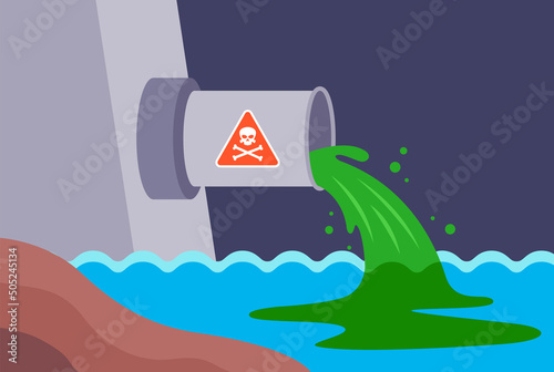 pipe pours polluted water into the river. waste from the plant is poured into the water. flat vector illustration.