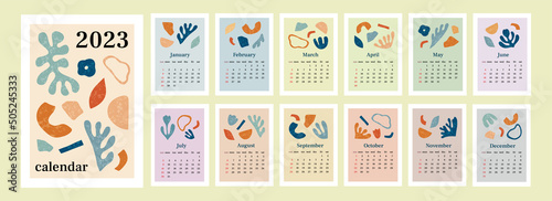 Calendar 2023 with abstract organic elements and texture. Week start on Sunday. Set of 12 months  cover and one sheet of the year. Template for A4 A3 A5 size. Vector illustration in trendy style