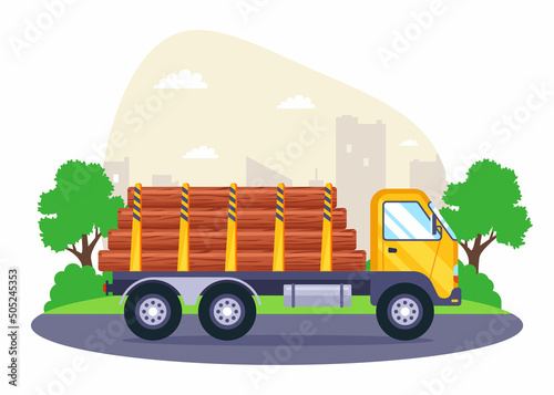 a big truck transports wood from a sawmill. flat vector illustration