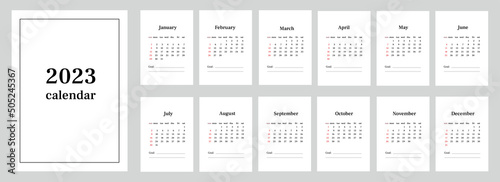 Minimalist desk calendar 2023 with with goal planning. Vector design white background. Week start on Sunday. Set of 12 months. Template for A4 A3 A5 size. Advertising, printing, stationery
