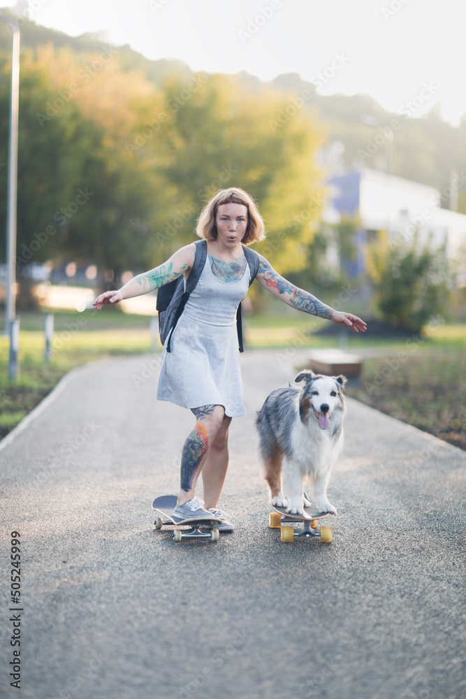 beautiful unusual girl with tattoos teaches and trains an Australian Shepherd dog to ride skateboard