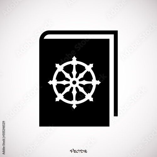 Book  icon with a Dharmachakra. Buddhist wheel symbol on it, Religious book. Black flat simple icon isolated on white background.