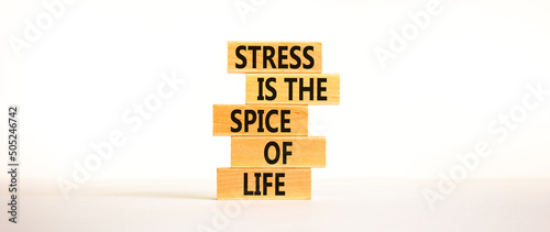 Stress spice of life symbol. Concept words Stress is the spice of life on wooden blocks. Beautiful white table white background. Business motivational stress spice of life concept. Copy space. photo