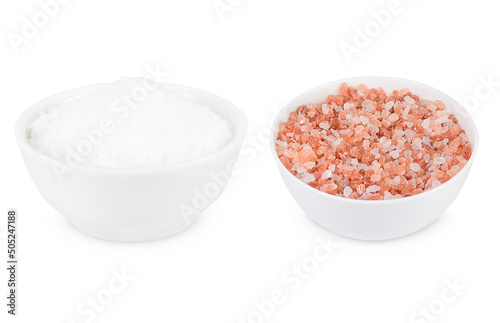 Salt and sugar on an isolated white background. Collection of himalayan salt and sugar in white bowls