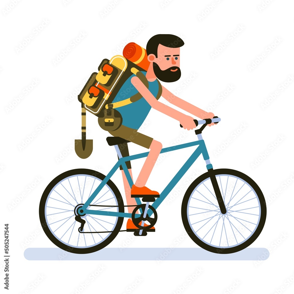 Bicyclist on a hike with backpack. Hiker with backpack on mountain bike. Vector illustration.