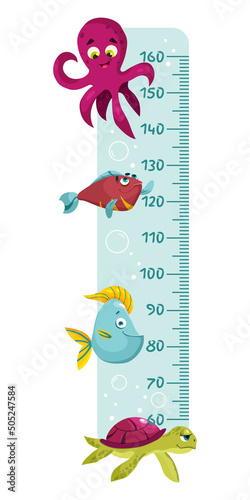 A childs height meter with a cartoon funny fish. Vector wall decor for childrens room, pediatricians office and polyclinics.
