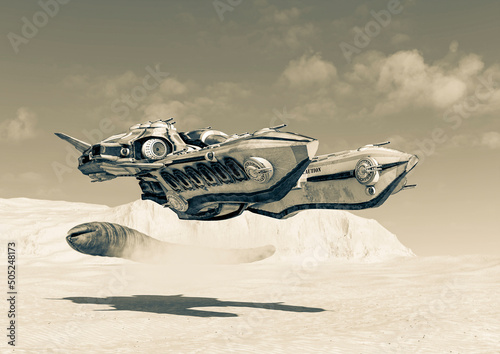 super alien spaceship is passing by on the sand of the desert planet © DM7