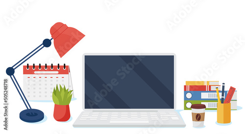 Office desk with laptop, lamp, document papers, calendar, coffee and flower. Modern business workplace. Home workspace table.Vector illustration flat style