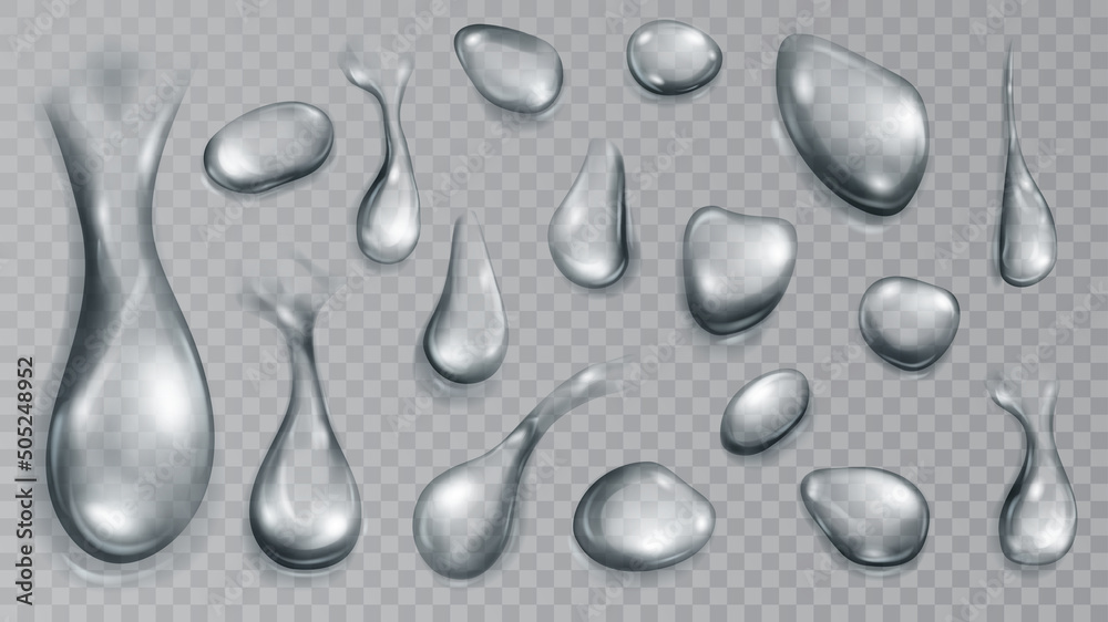 Set of realistic translucent water drops in gray colors in various shape and size, isolated on transparent background. Transparency only in vector format