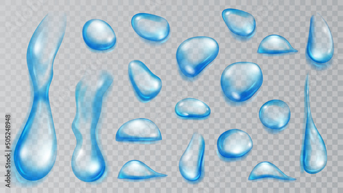 Set of realistic translucent water drops in light blue colors in various shape and size, isolated on transparent background. Transparency only in vector format