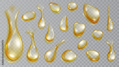 Set of realistic translucent water drops in yellow colors in various shape and size, isolated on transparent background. Transparency only in vector format