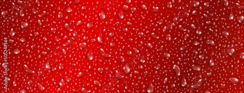 Foto Background of small realistic water drops in red colors