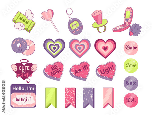 Collection of cute and cool stickers in 90s and Y2K style. Vector set of pink glitter elements for girls bujo