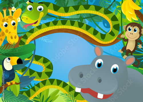 cartoon scene with jungle animals being together illustration © honeyflavour