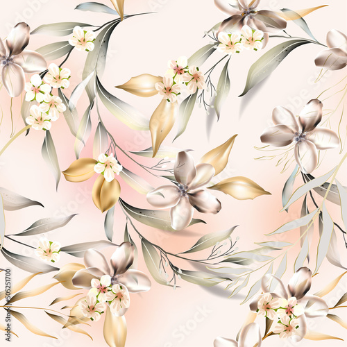 Vector seamless pattern with gold  leaves. Exotic botanical background design for cosmetics, spa, textile. Best as wrapping paper, wallpaper.