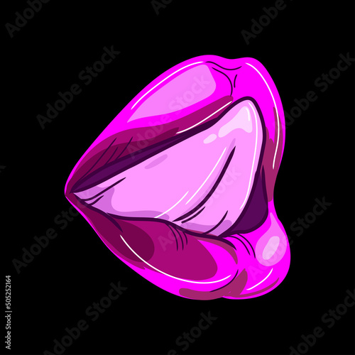 Woman lilac, fuchsia lips with tongue, isolated vector illustration.Open mouth of a woman licking her upper lip cartoon drawing.Icons, logos and symbols for web, print,emblems.Beautiful design element
