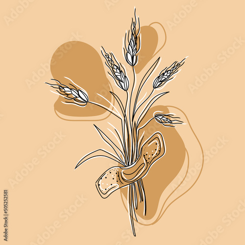 Spikelets of wheat with plaster Line Art drawing on a beige background with abstract shapes and spots modern vector illustration.Great design for different purposes.Pastel colors and organic shapes