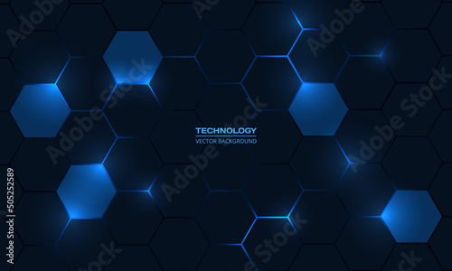 Dark blue hexagonal technology vector abstract background. Blue bright energy flashes under hexagon in modern technology futuristic background vector illustration. Dark blue honeycomb texture grid. photo