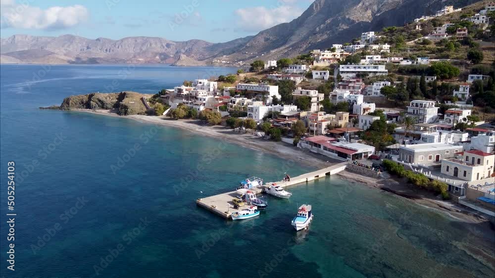 custom made wallpaper toronto digitalAerial footage of boats waiting for tourists at the pier on sunny day. Mirties village, Kalymnos, Greece.