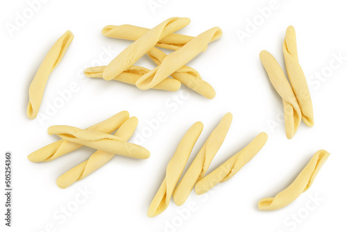 Typical Calabrian pasta called Maccheroncini also known as Maccheroni isolated on white background with clipping path. Top view. Flat lay