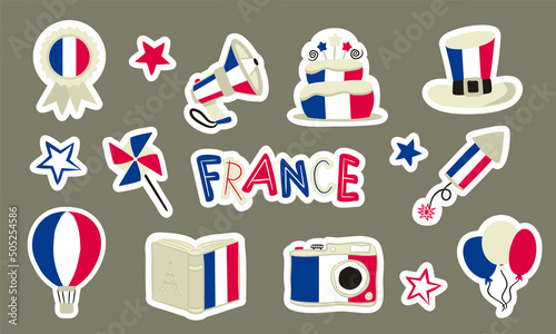 Set of stickers National French Symbols. Isolated elements for Bastille Day or National Decor of France. Hand drawn Vector illustration for a festive or holiday decoration.