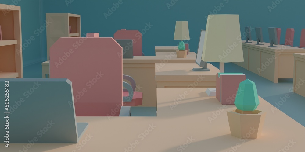 3D Render of Office environment with furniture concept nobody no people. Low-poly minimalist office set-up.