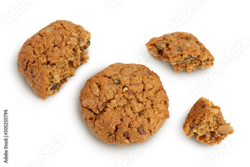 oatmeal cookies with flax  pumpkin and sunflower seeds isolated on white background with clipping path and full depth of field. Top view. Flat lay