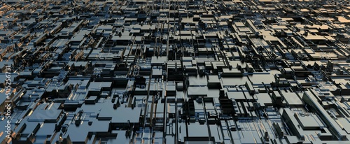 Techno landscape from boards and blocks. Futuristic steel city illuminated by rays of setting sun. Digital motherboard with shiny chips and strips for abstract art engineering