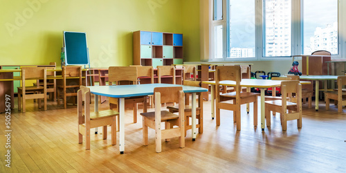 Empty classroom of daycare center without children and teacher. Education concept.