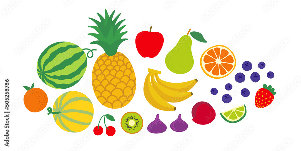 Group of different fruits and berries. Vector horizontal illustration isolated on white. Group of different fruits and berries. Vector horizontal illustration isolated on white.