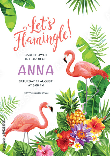 Flamingo party invitation. Tropical Hawaiian poster. Template design. Vector illustration.