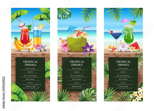 Tropical Hawaiian cocktail menu. Beach bar. Template design. Vector illustration.