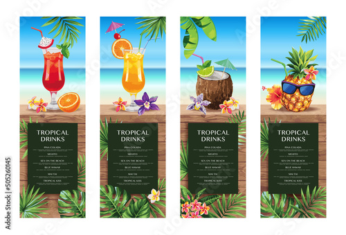 Tropical Hawaiian cocktail menu. Beach bar. Template design. Vector illustration.
