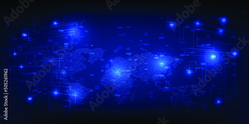 Vector illustrations of Futuristic world map world digital communication and strategy.Future tech design concepts.