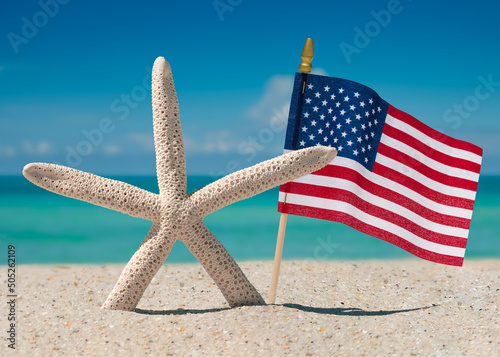 Print op canvas Beach, Ocean, Starfish, American flag